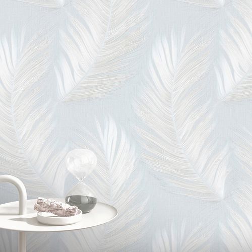 Vliestapete Exotisch Federn Blau Creme Glitzer 10516-43 Raum