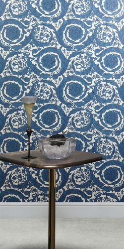 Non-woven wallpaper Versace floral cream dark blue 79135-4