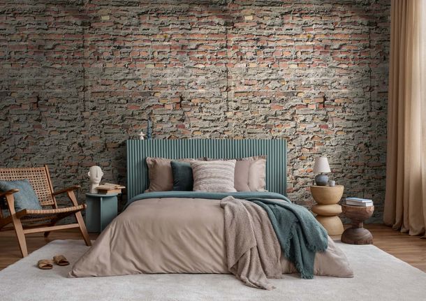 Fototapete Steinoptik 3D-Effekt Grau Rot 79217-2 Raum