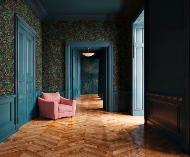 Non-woven wallpaper leaves black green orange 78025-2