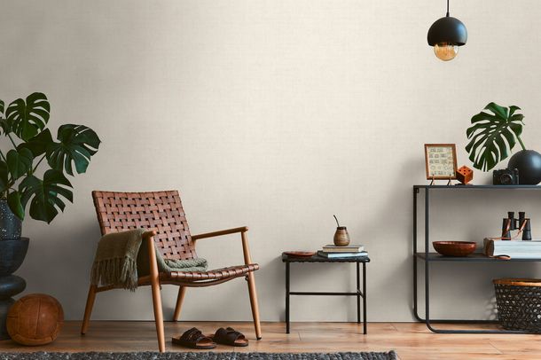 Non-woven wallpaper textile look plain cream beige 79044-5