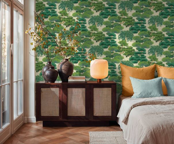 Non-woven wallpaper forest motif beige green 79161-1