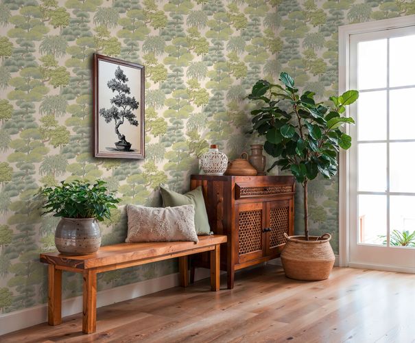 Non-woven wallpaper tropical forest cream green 79161-3