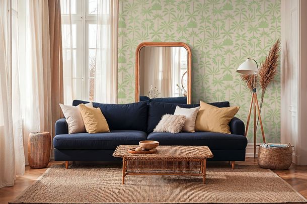 Non-woven wallpaper leaves palm trees beige green 79163-2