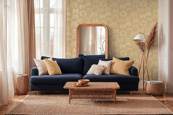 Non-woven wallpaper leaves yellow cream metallic 79163-4