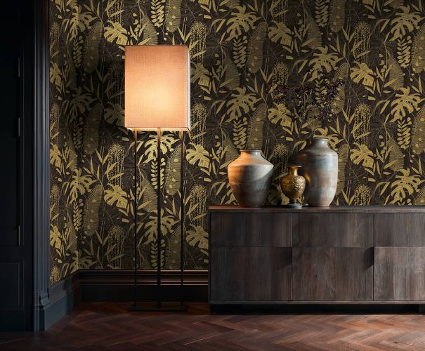 Non-woven wallpaper tropical black gold metallic 79164-3