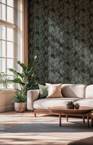 Non-woven wallpaper leaves green blue black 79164-4