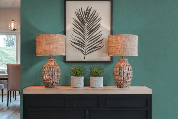 Non-woven wallpaper plain linen look petrol blue 79166-1