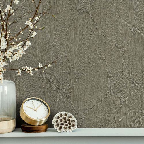 Non-woven wallpaper abstract leaves brown grey 35384