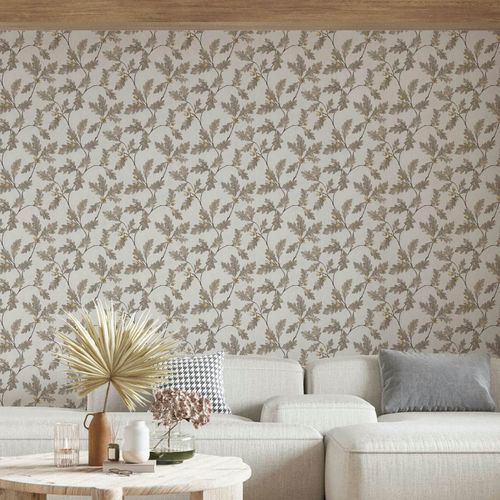 Non-woven wallpaper leaves Natur oak grey beige brown 35386