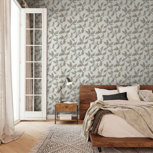 Non-woven wallpaper leaves Natur oak grey beige 35391