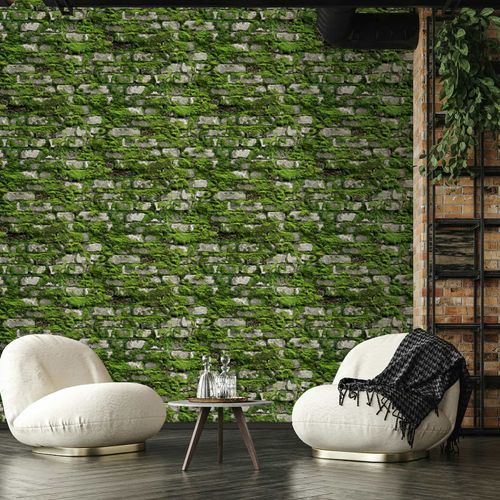 Vliestapete Steinoptik Mauer Moos Floral Grün Grau 45731 Raum