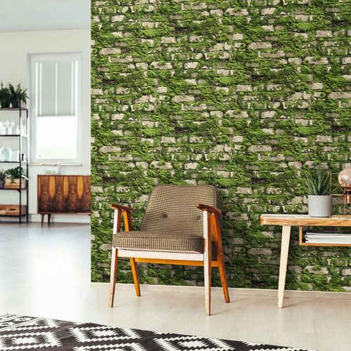 Non-woven wallpaper stone look brick moss green beige 45732