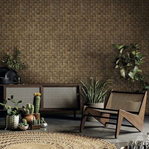 Non-woven wallpaper wood look woven brown 45742