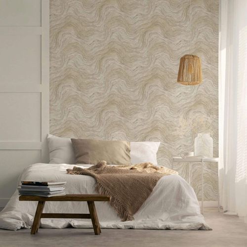 Non-woven wallpaper waves marble look beige grey 45757