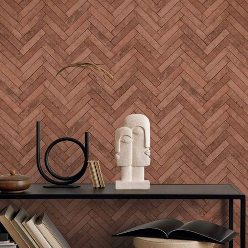 Non-woven wallpaper stone look herringbone red brown 45763