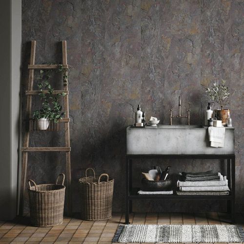 Non-woven wallpaper tile look stone look grey brown 45764