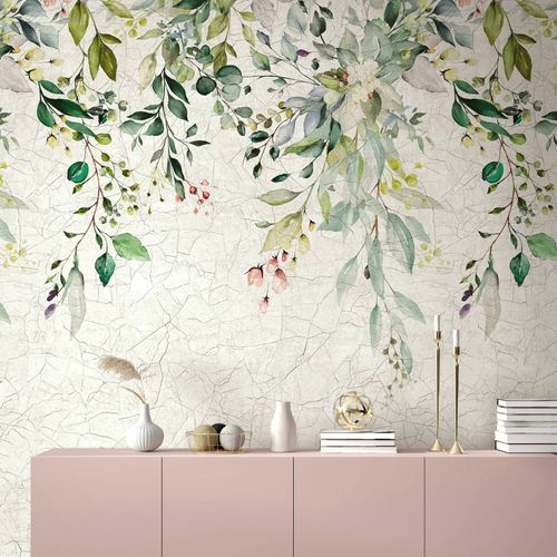 Photo Wallpaper Leaves Plaster Look Beige Green 42176