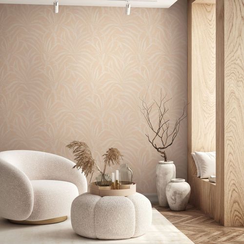 Vliestapete Floral Leinenoptik Apricot Creme 82506 Raum