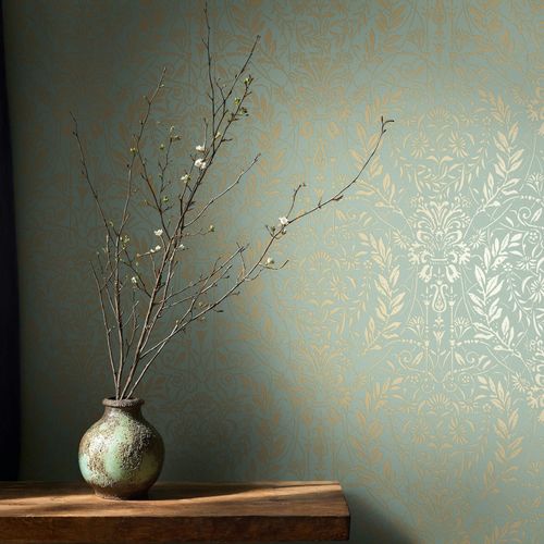 Vliestapete Barock Motiv Floral Grün Gold Metallic 82510 Raum
