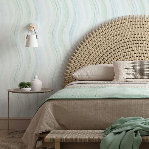 Vliestapete Streifen Wellenmuster Grün Blau Creme 82553 Raum