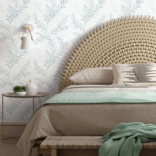Vliestapete Blattmuster Ranken Weiß Blau Grün 89014 Raum
