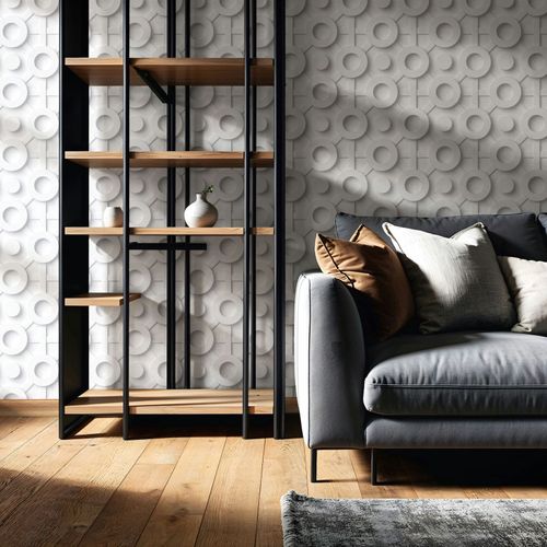 Vliestapete Betonoptik Kreise 3D-Effekt Hellgrau 89030 Raum