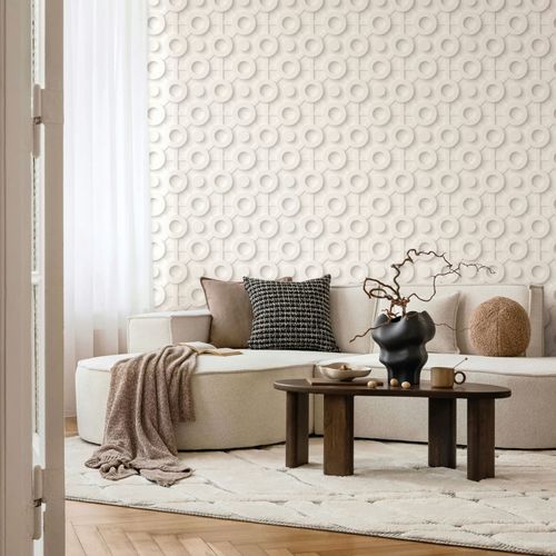 Vliestapete Betonoptik Kreise 3D-Effekt Creme Grau 89031 Raum