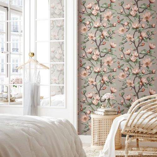 Vliestapete Floral Blumen Grau Grün Rosa 89033 Raum