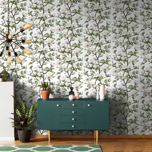 Vliestapete Floral Blumen Weiß Grün Braun 89038 Raum