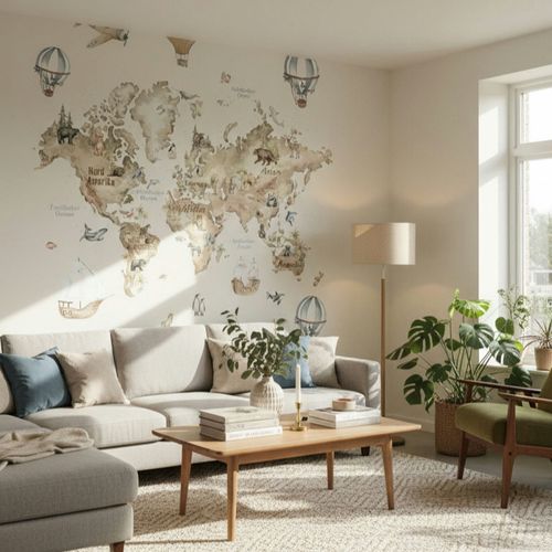 Fototapete Karte Tiere Aquarelloptik Beige Grün Blau 96469 Raum