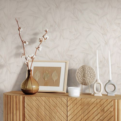 Non-woven Wallpaper Leaves Cream Beige Glitter 10587-02