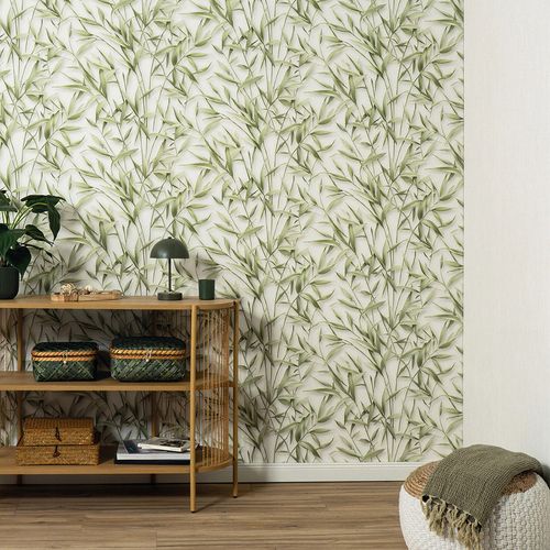 Non-woven Wallpaper Leaves Cream Green Glitter 10587-07