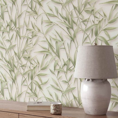 Non-woven Wallpaper Leaves Cream Green Glitter 10587-07