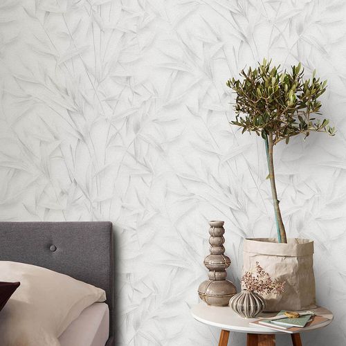 Non-woven Wallpaper Leaves Cream Grey Glitter 10587-31