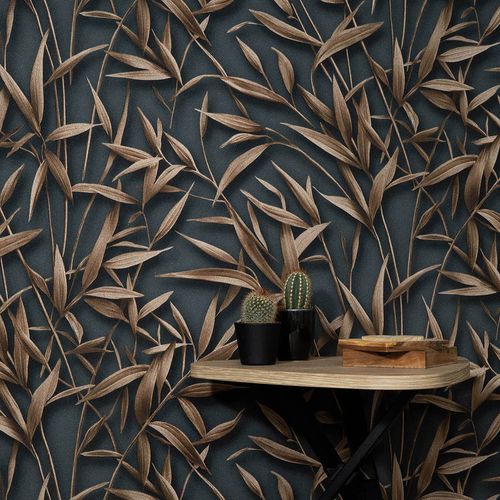 Non-woven Wallpaper Leaves Black Brown Glitter 10587-47