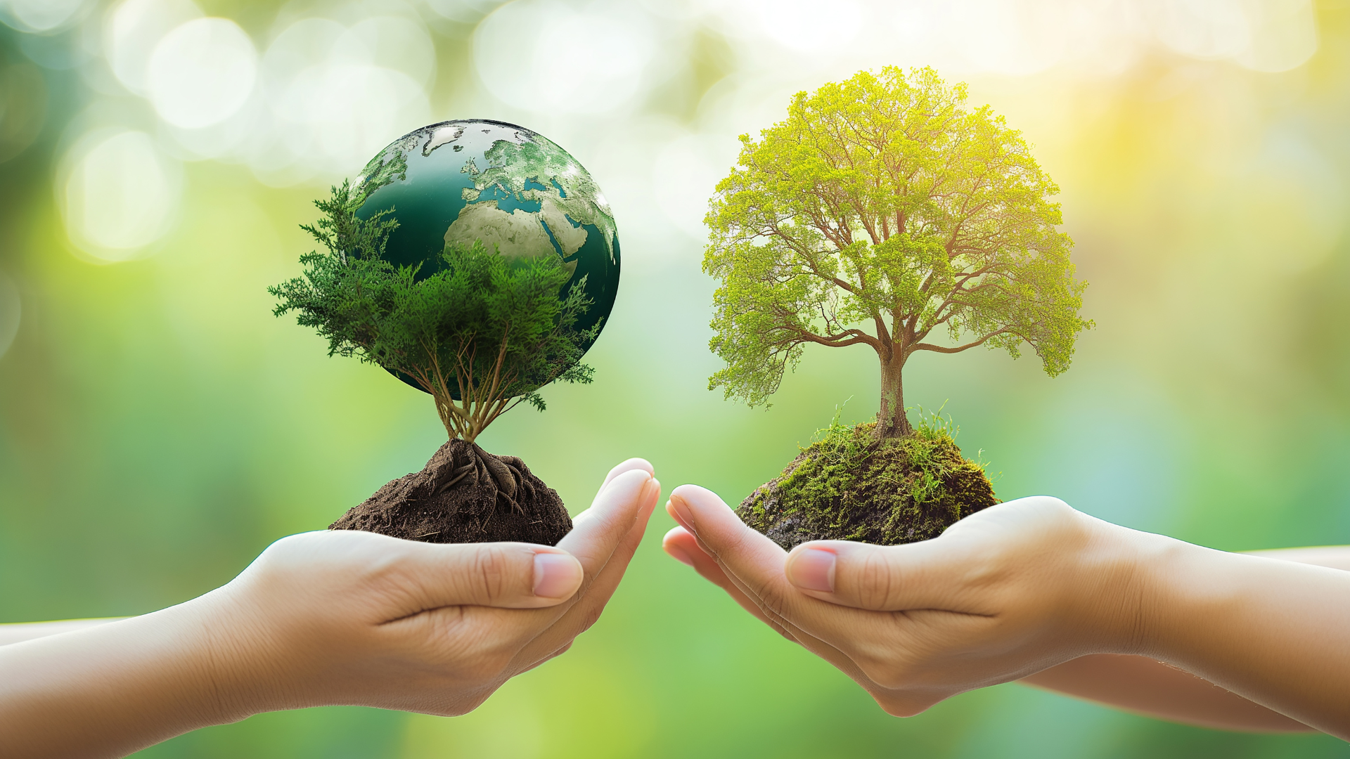 Symbolbild: Frau hält einen bepflanzten Baum – grün gehalten