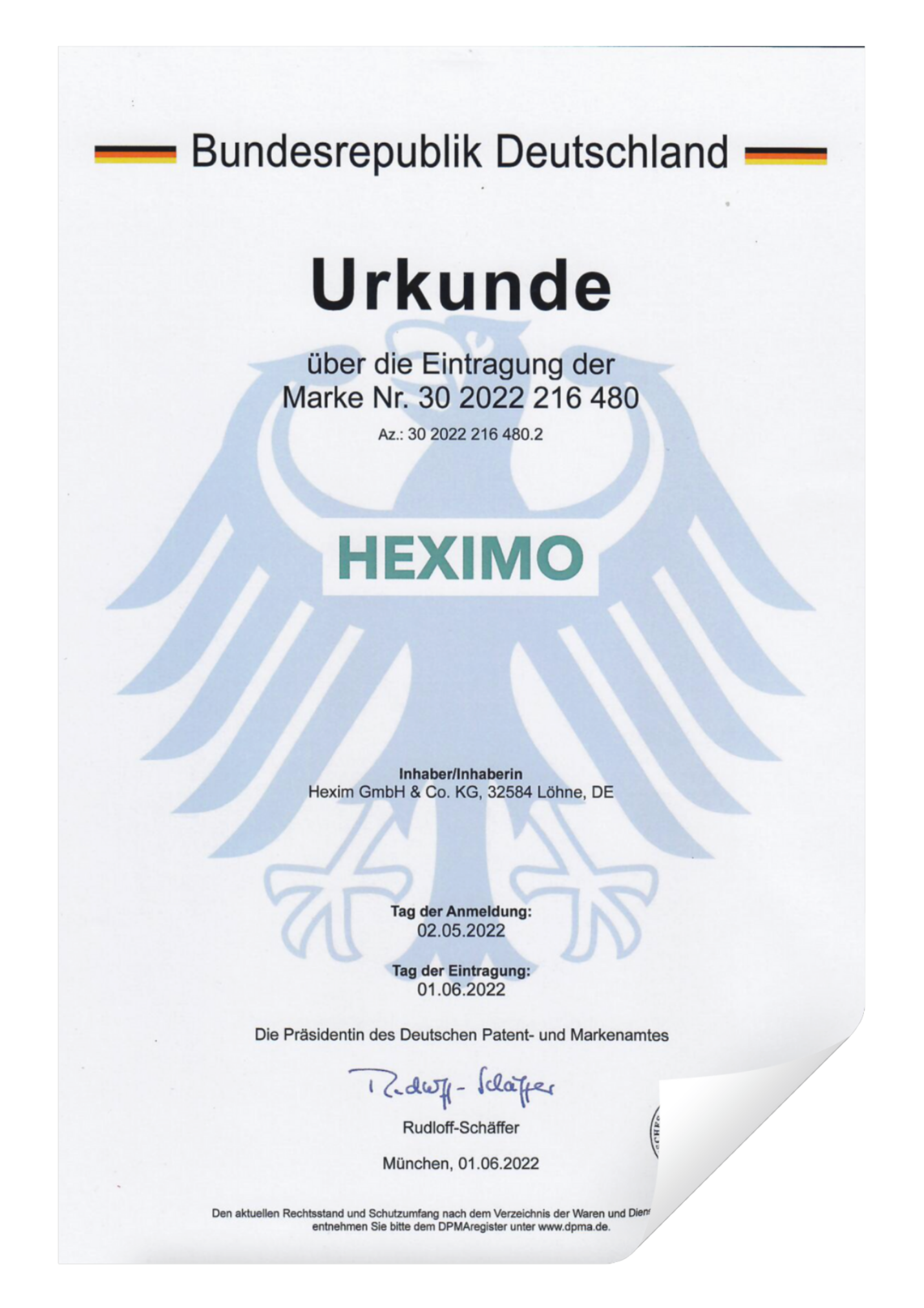 HEXIMO – Markenurkunde