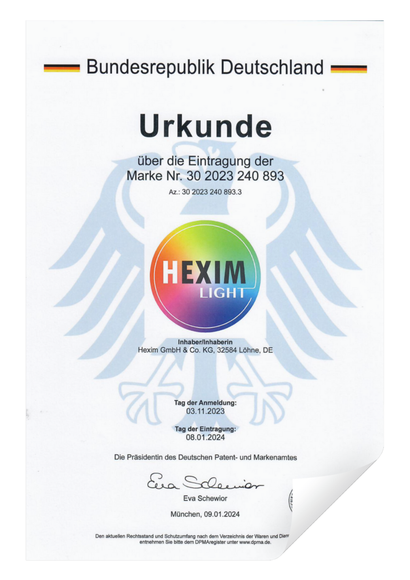HEXIM Light – Urkunde