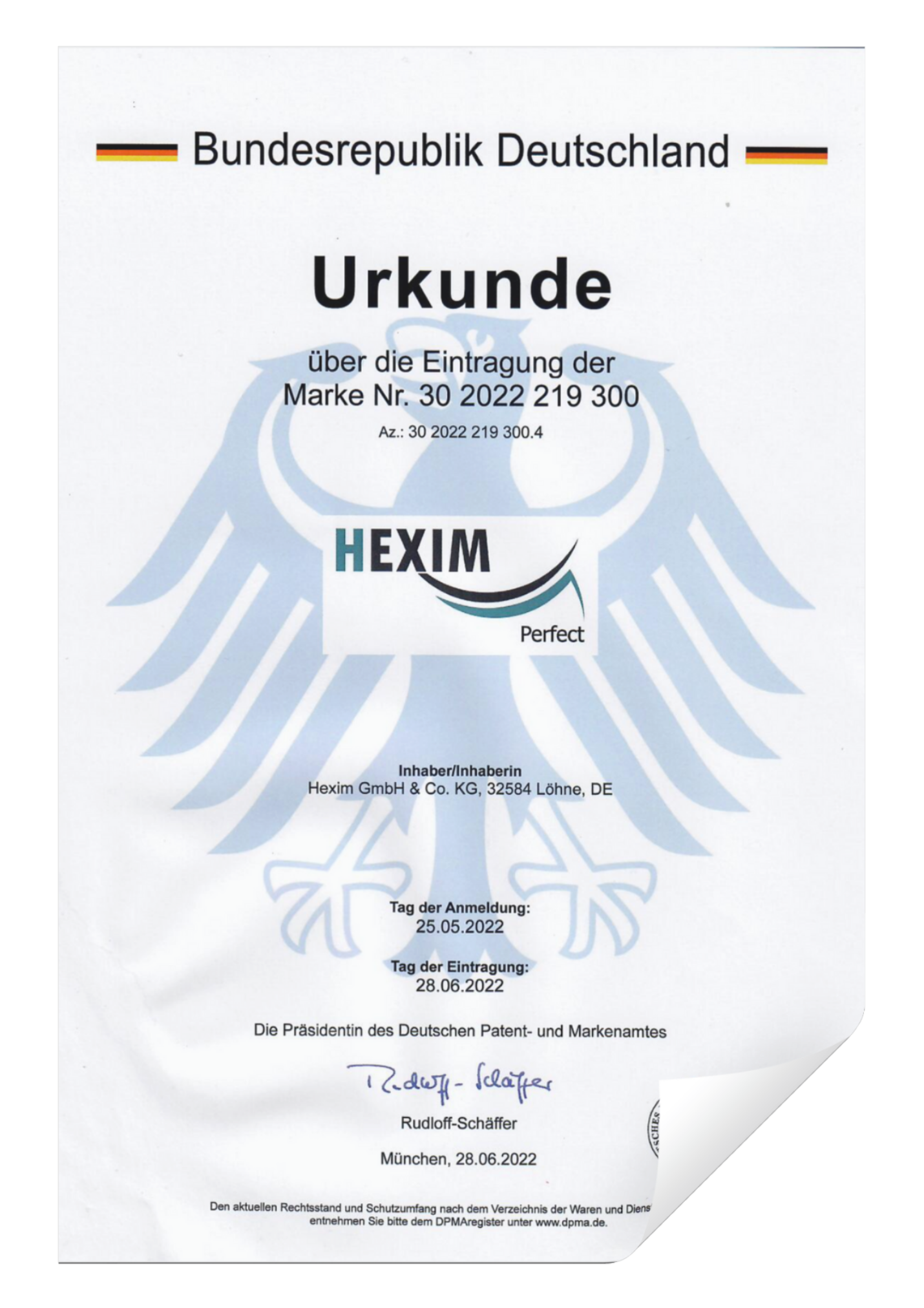 HEXIM Perfect – Markenurkunde
