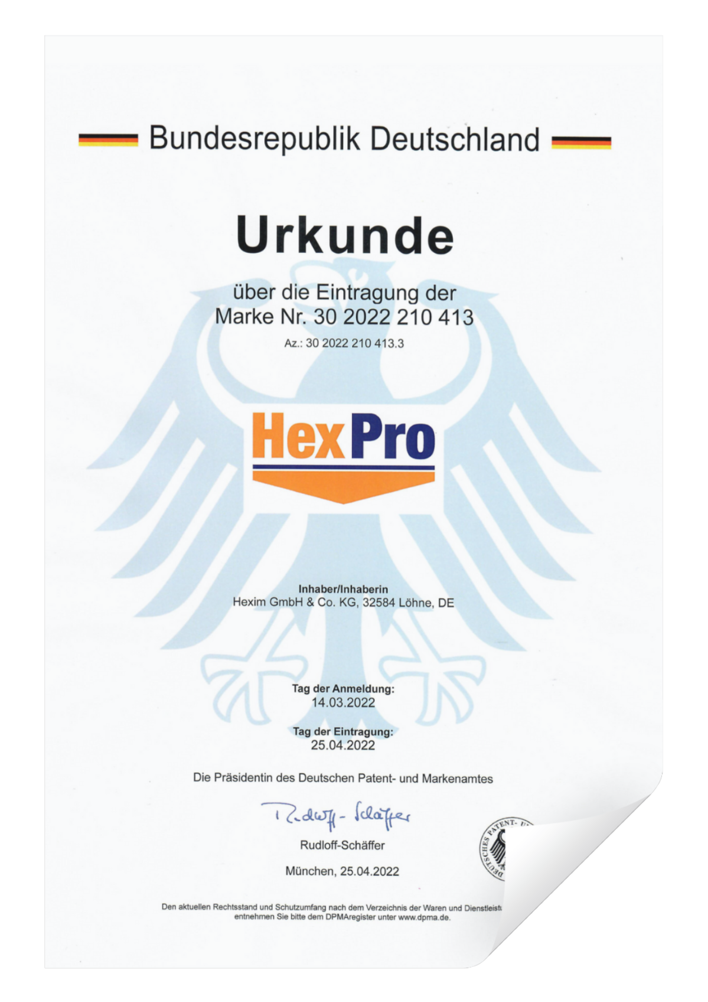 HEXPRO – Markenurkunde