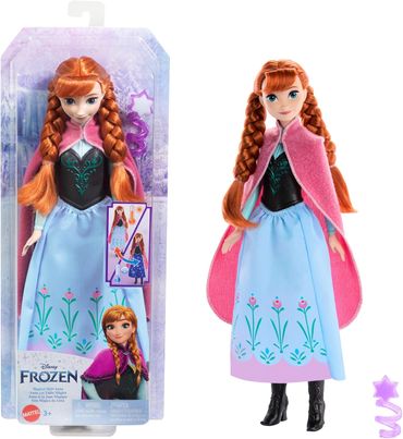 Mattel DISNEY Frozen Die Eiskönigin Anna Puppe - magischer Rock mit Farbwechseleffekt aktivierbar mit Schneeflockenzauberstab und Wasser, inklusive Haarbürste, für Kinder ab 3 Jahren, HTG24