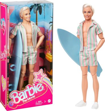 Barbie The Movie - Puppe Filme Fans, Ken-Puppe, Sammelpuppe im Surfbrett und Turnschuhen, beweglicher Körper, platinblondes Haar, als Geschenk für Kinder ab 3 Jahren geeignet, HPJ97
