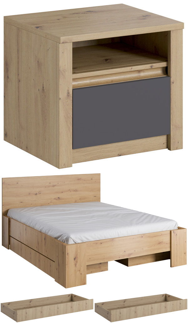 Bettanlage Malta Doppelbett 5-teillig grifflos artisan eiche grau