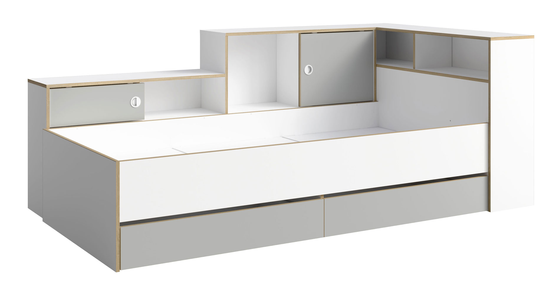Funktionsbett Pinio Stauraumbett 90x200cm 2-türig mit Schubladen weiß lichtgrau Eichefarben