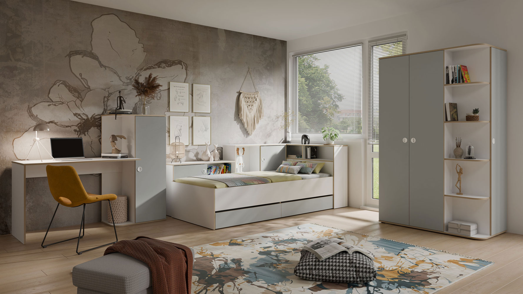 Kinderzimmer-Set Pinio Jugendzimmer komplett 3-teilig weiß lichtgrau Eichefarben