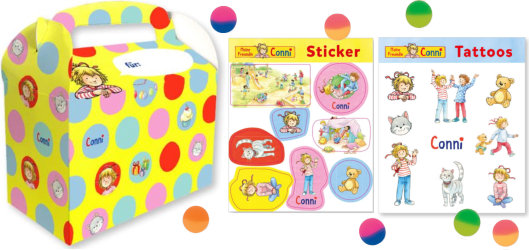 Meine Freundin Conni Mitgebsel Set für den Kindergeburtstag mit Geschenkbox Kinder Tattoos und Stickern