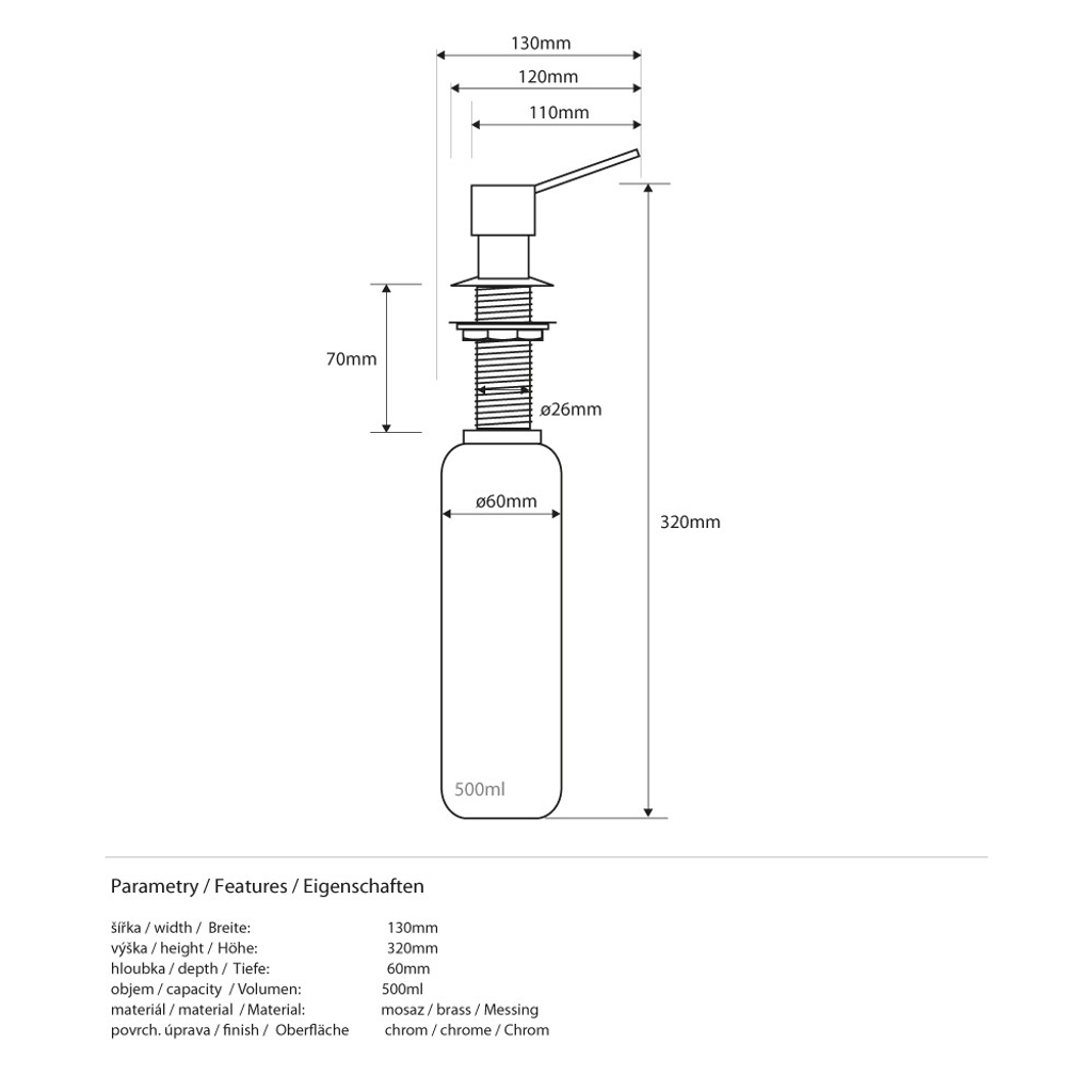 Seifenspender für Einbau in Waschbecken von oben befüllbar 130 x 320 x