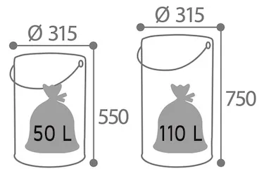 Abmessungen der beiden Ausführungen des Innenbehälters mit 40 L und 60 L