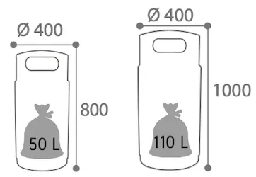 Schematische Zeichnungen der Abfallbehälter mit Maßen